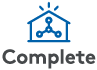 Blue icon of a house with a checkmark in the middle and sparks on top with the word "complete" at the bottom