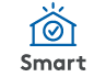 Blue icon of a house with a checkmark in the middle  and sparks on top with the word "smart" at the bottom