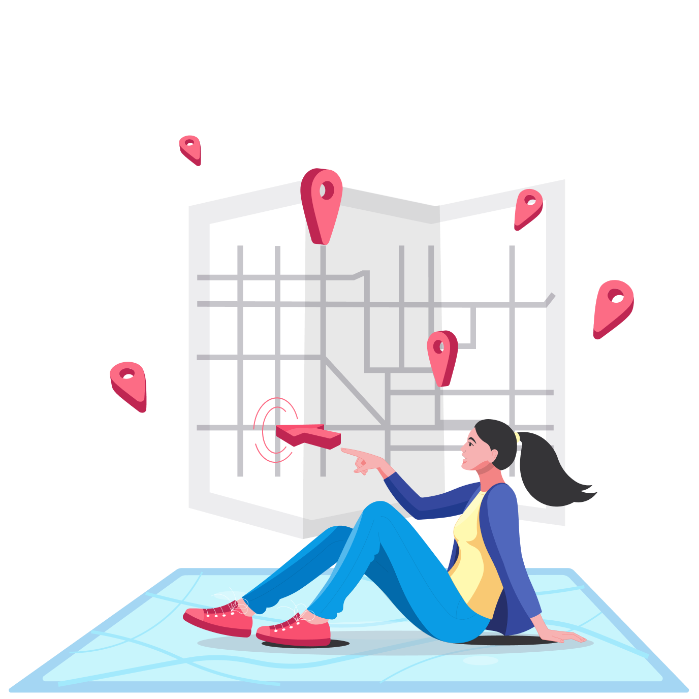Women sitting on the floor and pointing to an arrow to show her location