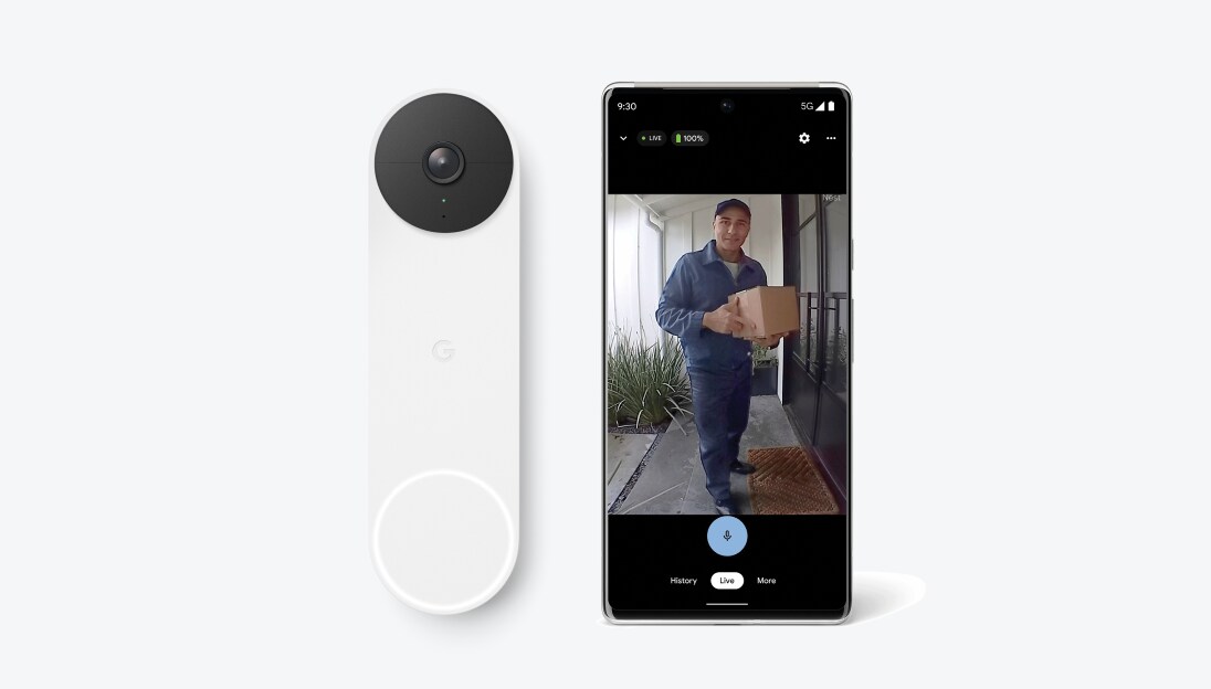 Google Nest Doorbell cam next to a cell phone showing live footage