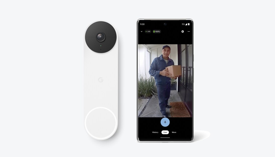 Google Nest Doorbell cam next to a cell phone showing live footage Google Nest Doorbell cam next to a cell phone showing live footage
