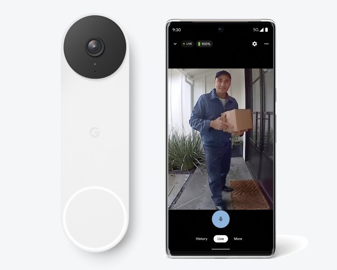 Google Nest Doorbell cam next to a cell phone showing live footage Google Nest Doorbell cam next to a cell phone showing live footage