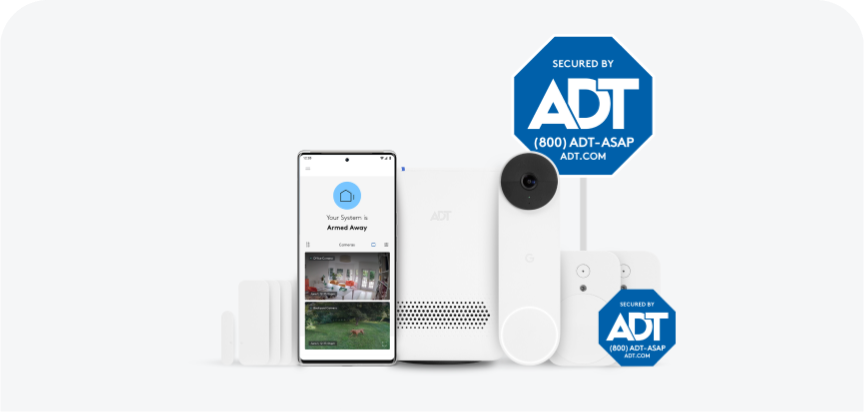 ADT Starter Package with ADT app showing footage, doorbell camera, sensors, and more