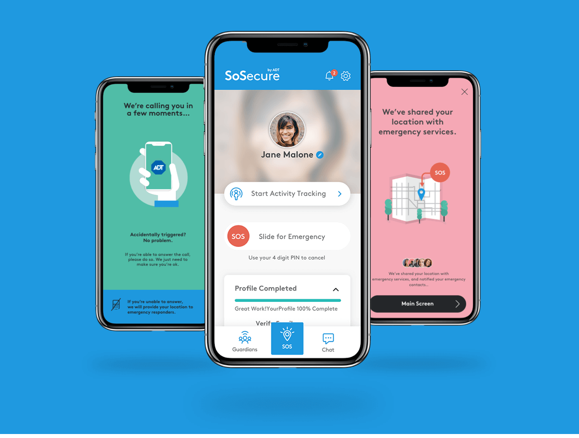 Three cell phones displaying saftey features of the SoSecure app Three cell phones displaying saftey features of the SoSecure app