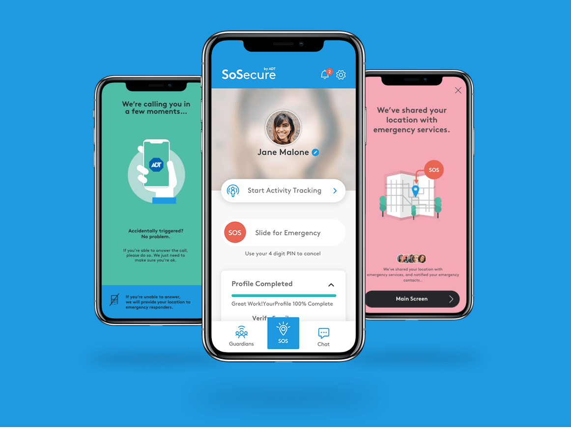 Three cell phones displaying saftey features of the SoSecure app against a blue background