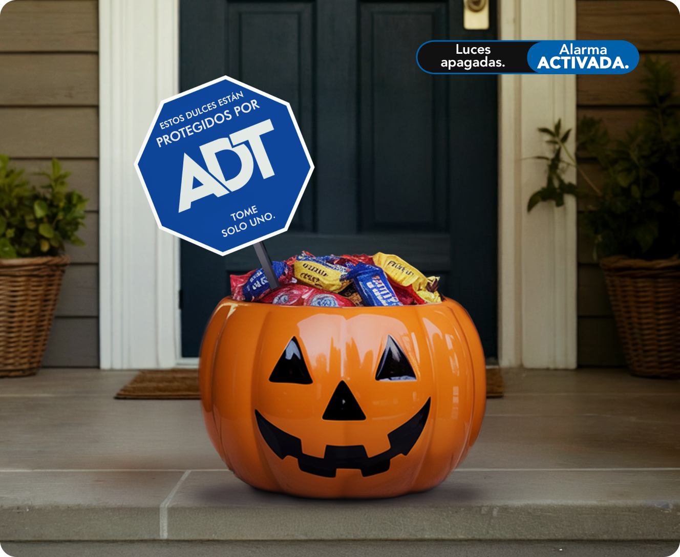 Cubo de dulces de Halloween en la puerta con letrero de jardín ADT especial para vacaciones