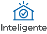 Icono azul que muestra una casa estilizada. En el centro de la casa hay una marca de verificación. En la parte superior del icono, hay destellos. En la parte inferior del icono está escrita la palabra "inteligente"