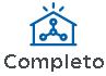 Icono azul que representa una casa, con una marca de verificación en el centro. En la parte superior del icono hay chispas o destellos y en la parte inferior del icono está escrita la palabra "completa"