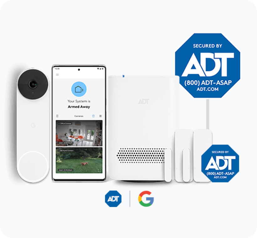 ADT Starter Package with hub, Google Nest Doorbell, video footage on the ADT app, etc. 